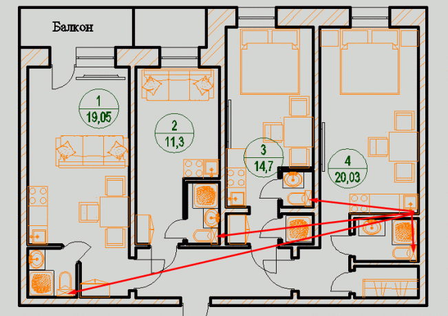 V investremonte odvodnění celkové stoupacího potrubí se koná v každé místnosti bytu.
